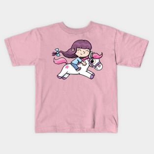 girl with a long tail rides a pony Kids T-Shirt